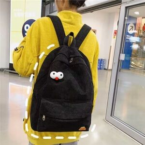 Black Corduroy Backpack with Cute Patch